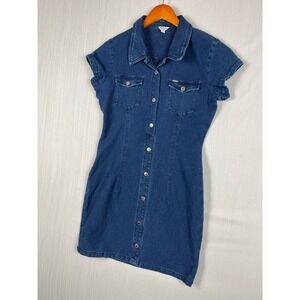 Guess Dress Women Large Blue Denim Button Front Shirt Dress Stretch Cap Sleeve